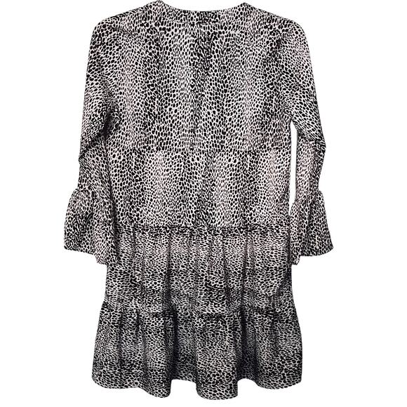 NO MFG. TAG LONG BELL SLV V-NECK RUFFLE LAYERS MIDI DRESS, WOMENS, S-BROWN/CREAM - Picture 4 of 12